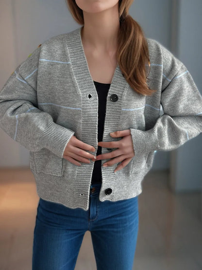 Striped Button Down V-Neck Long Sleeve Cardigan - Fashorio