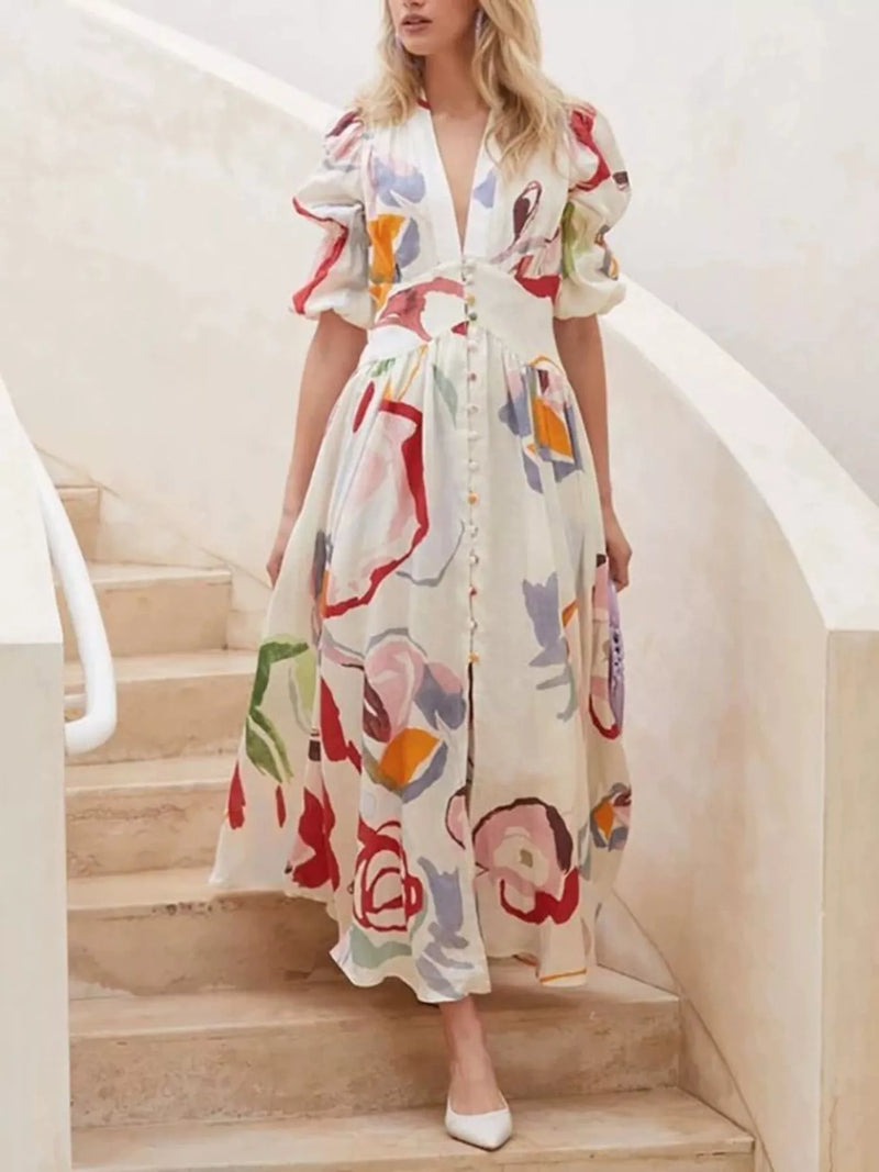 Abstract print puff sleeve midi dress front view