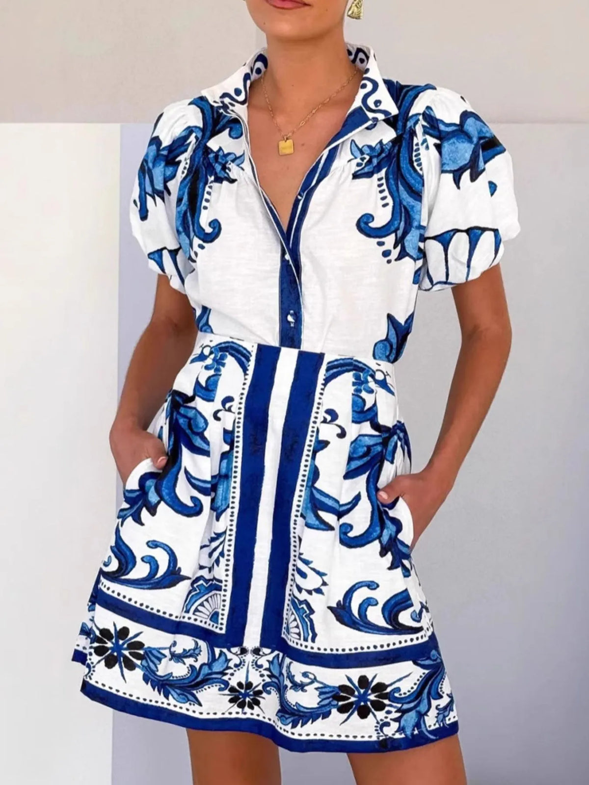 Printed puff sleeve top and skirt set front view