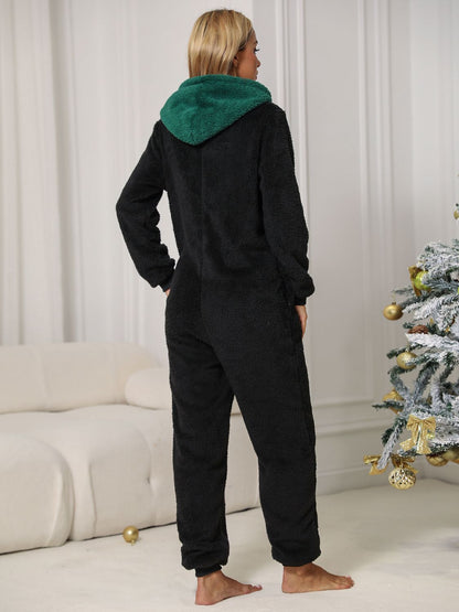 Pom-Pom Trim Zip Front Hooded Lounge Jumpsuit - Fashorio