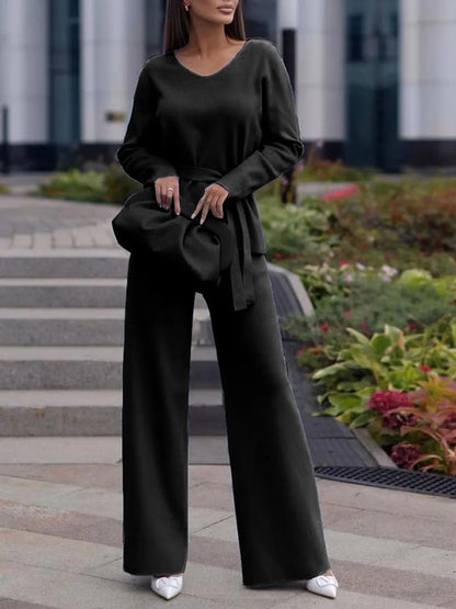 V-Neck Long Sleeve Top and Drawstring Pants Sweater Set Black One Size - Fashorio
