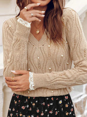 Pearl Beaded Pointelle Knit V Neck Lace Patchwork Sleeve Sweater Tan - Fashorio