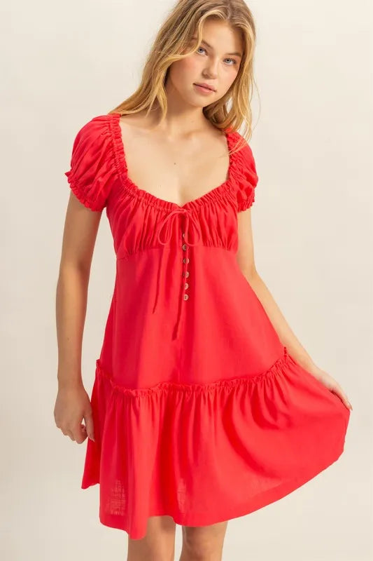 Ruched Frill Tiered Short Sleeve Mini Dress back view