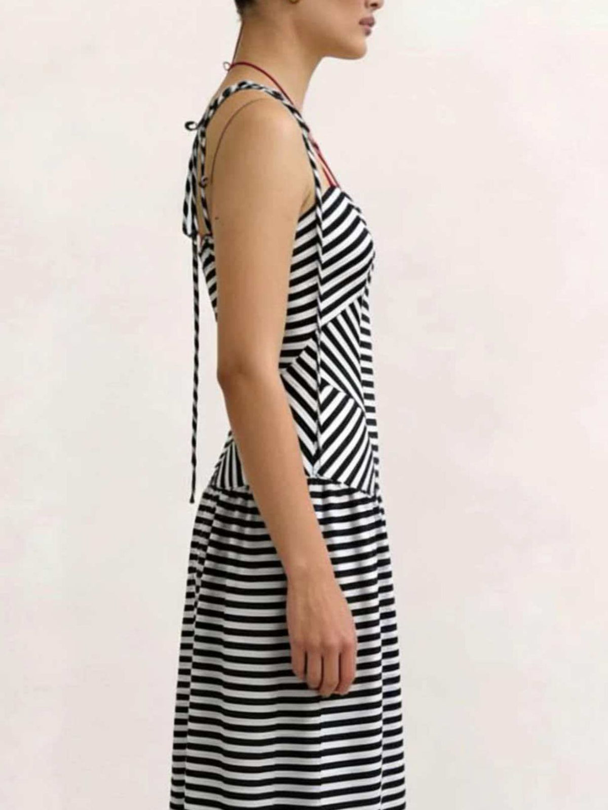 Striped v neck tie shoulder maxi dress back view