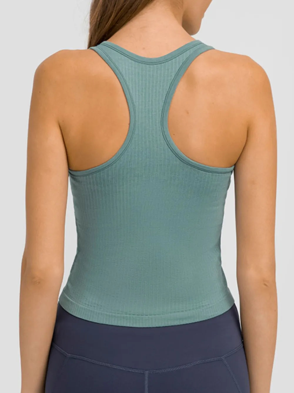 Round neck racerback padded active tank detail view