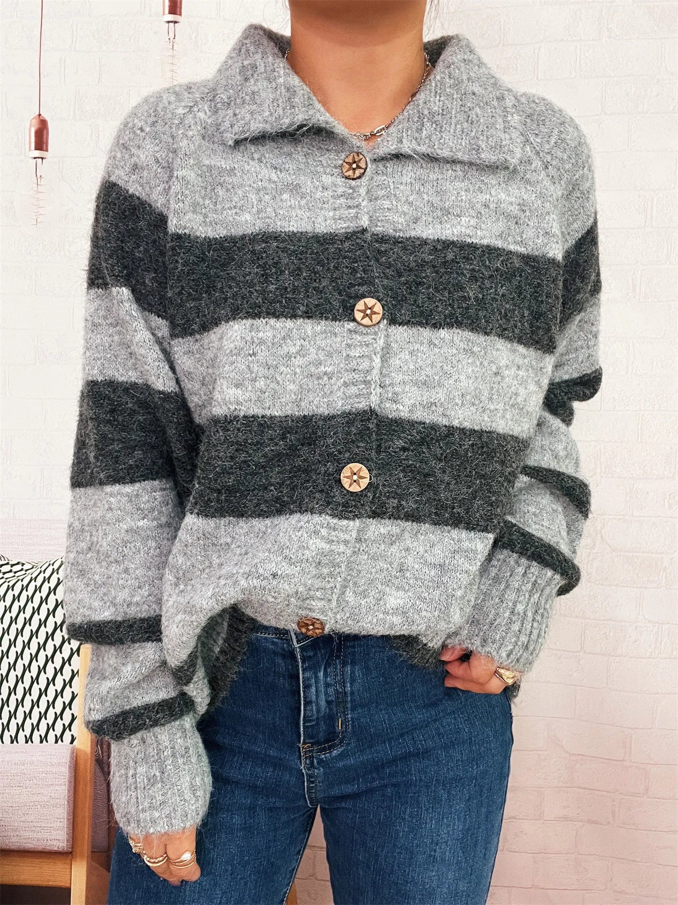 Striped Button-Up Cozy Cardigan - Fashorio