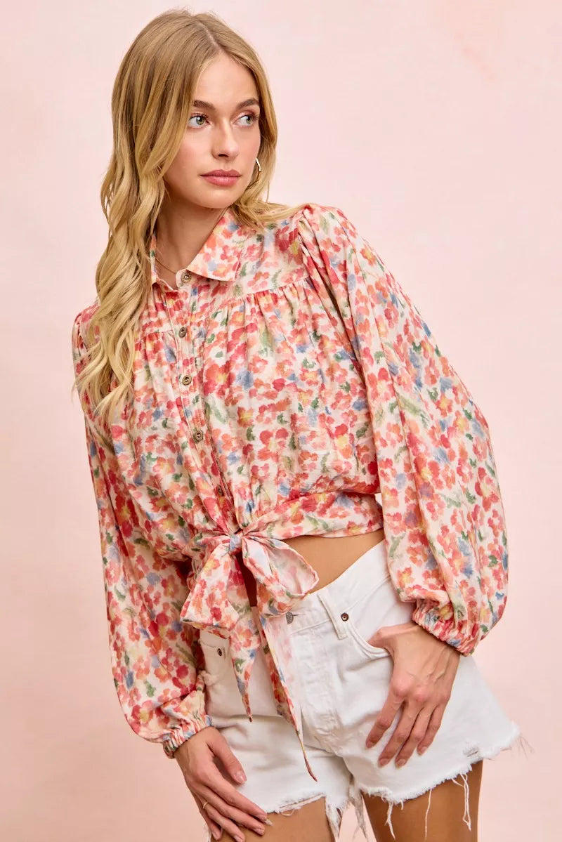 Floral print tie hem crop shirt front view