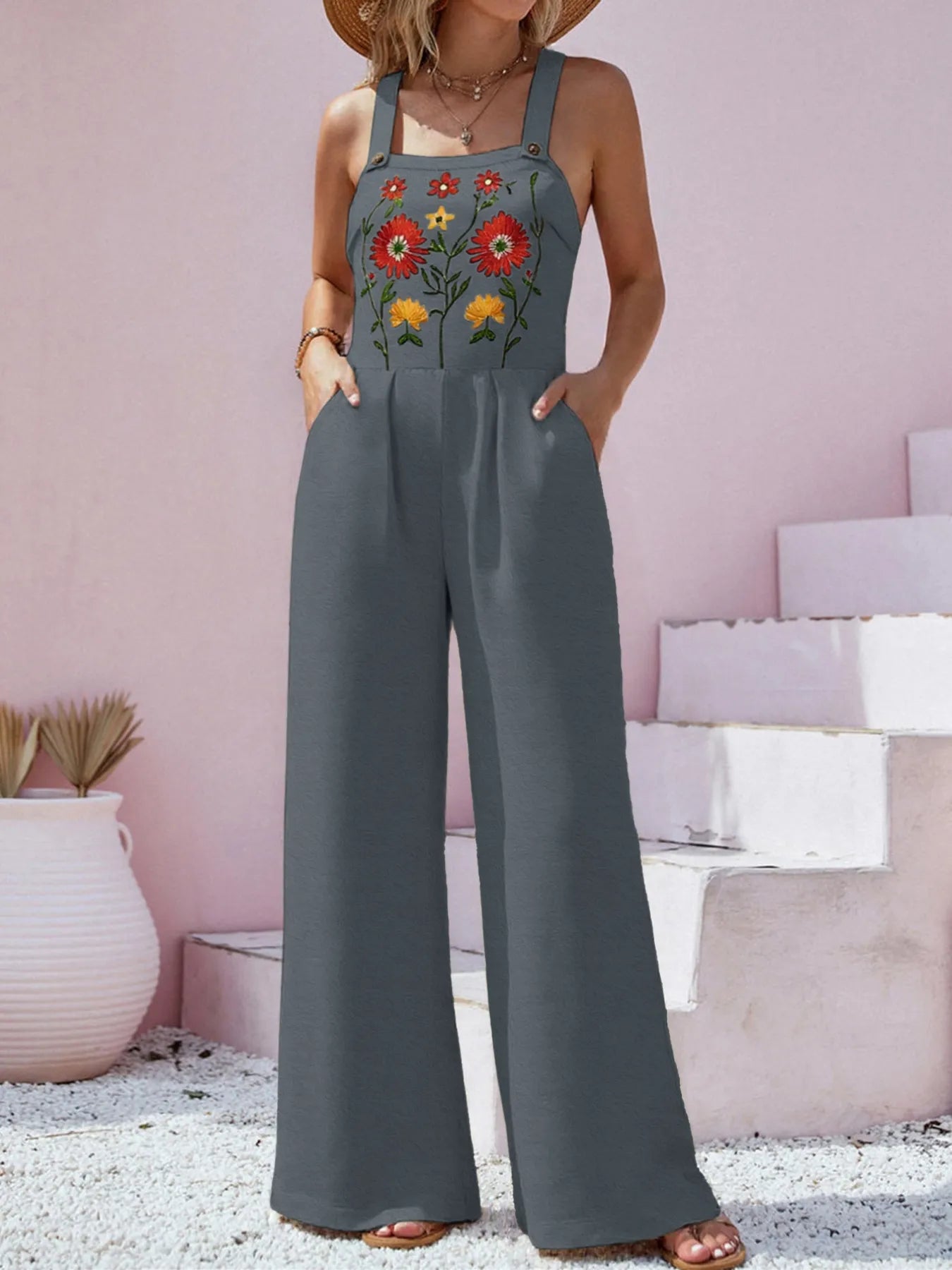 Floral Embroidered Wide Leg Jumpsuit Dark Gray - Fashorio