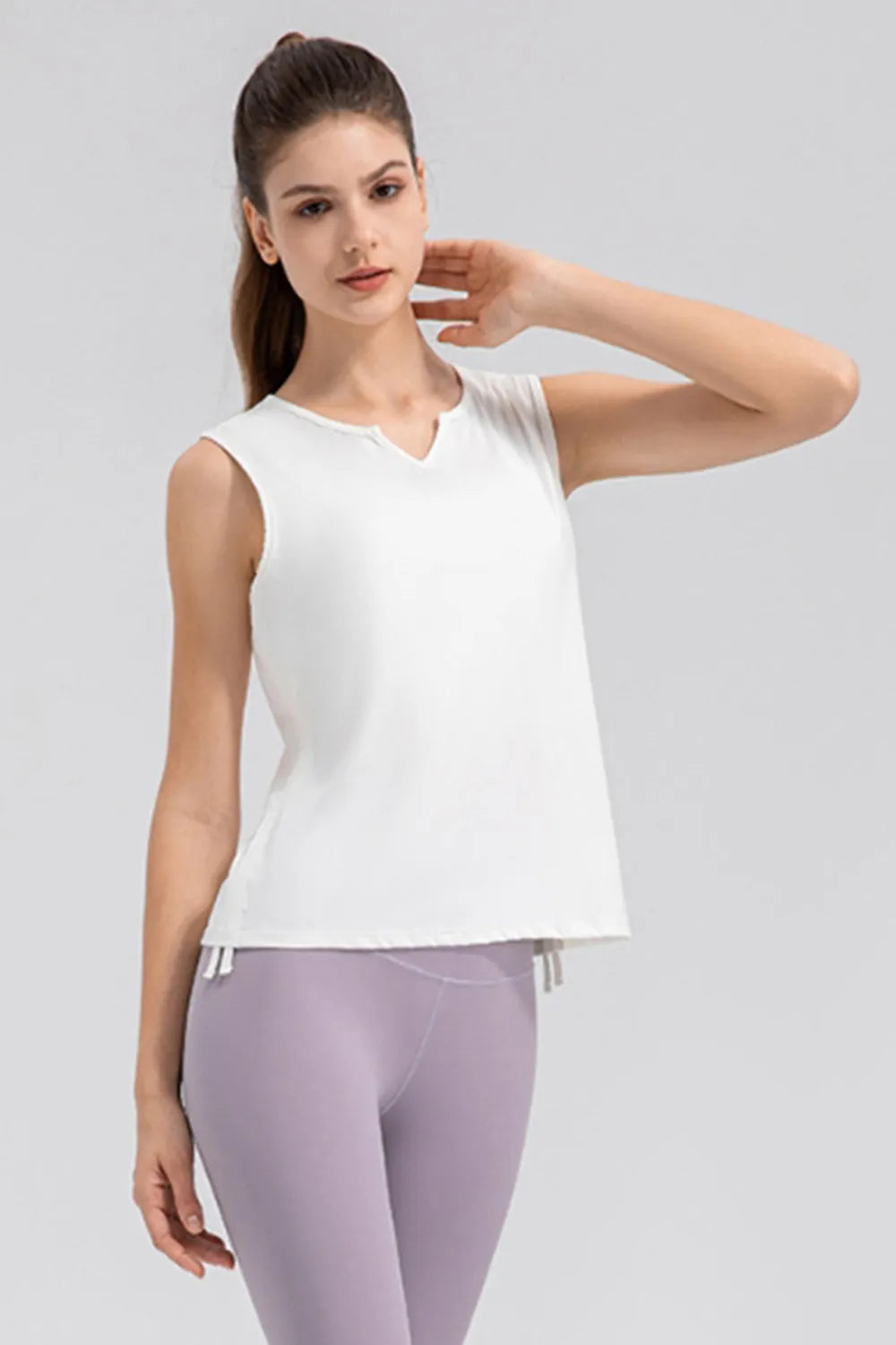 Notched neck wide strap active tank full length view