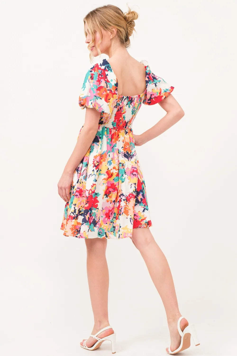 Square Neck Puff Sleeve Floral Dress styled look