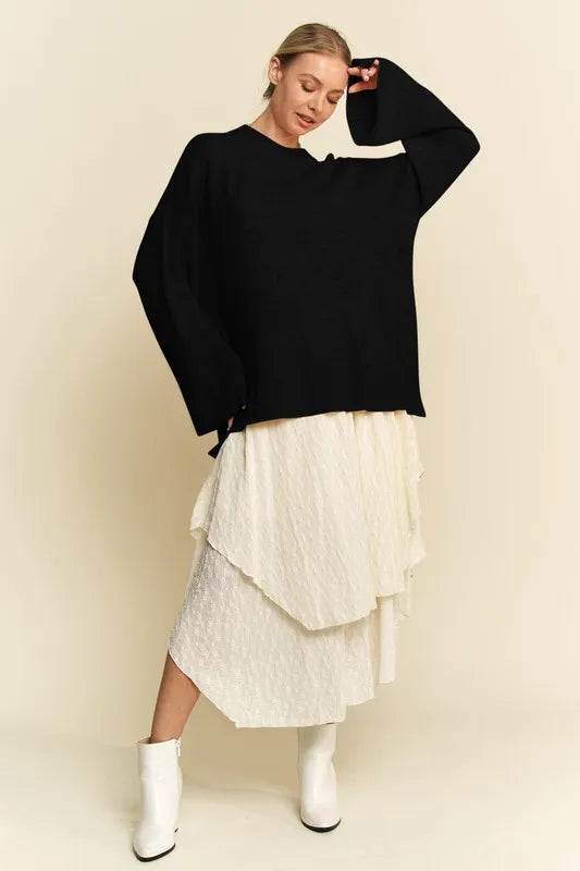 High Low Round Neck Drop Shoulder Sweater in Black styled look