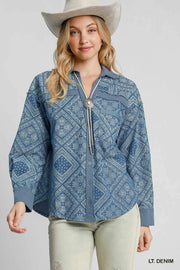 Umgee Paisley Print Denim Shirt Jacket LT. DENIM - Fashorio