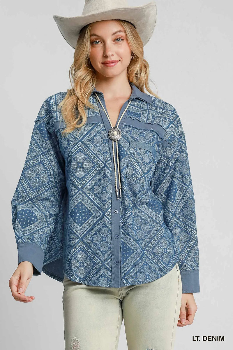 Umgee paisley print denim shirt jacket front view