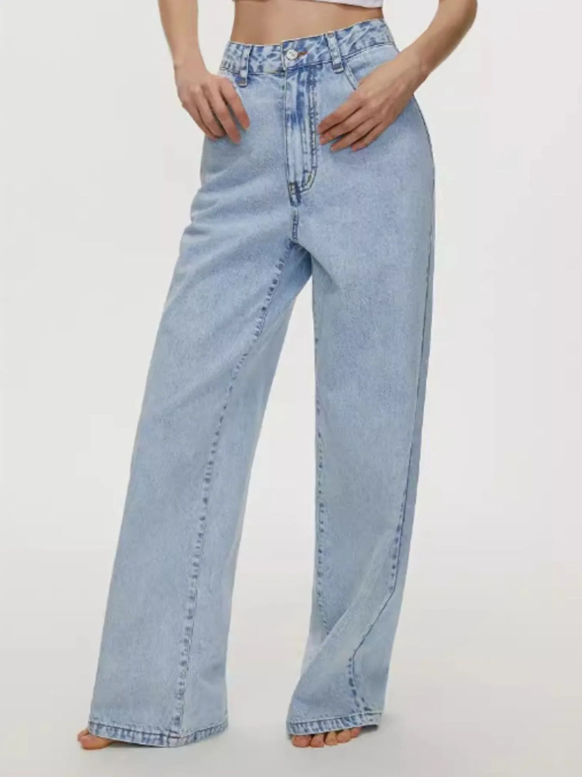 Back view of high waisted wide leg denim