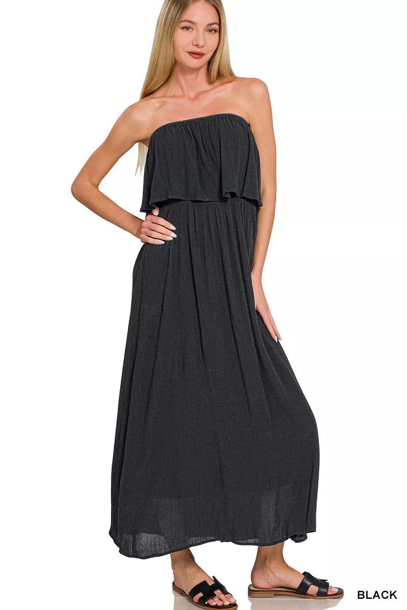 Zenana crinkle strapless maxi dress in black front view