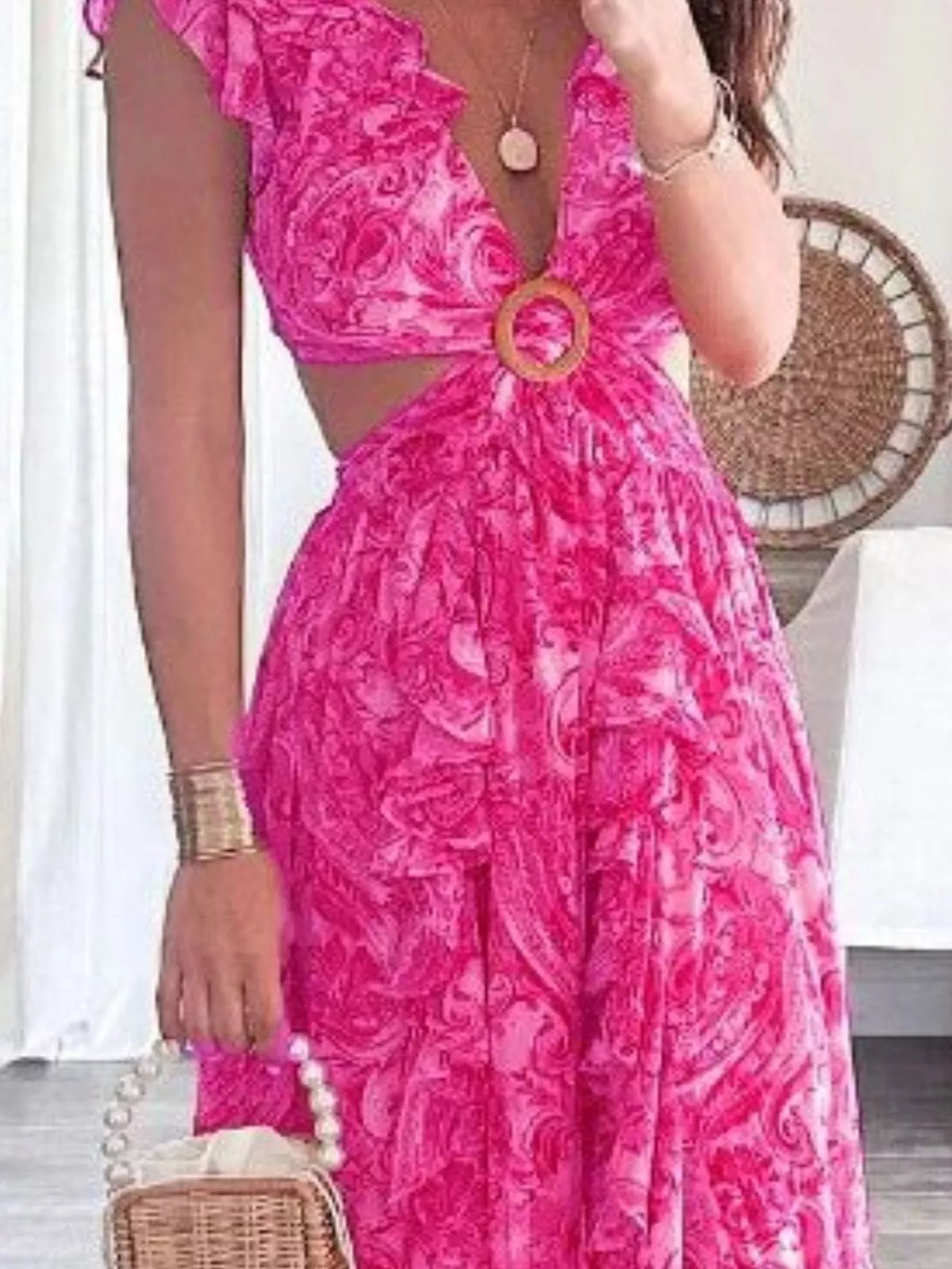 Ruffled cutout V neck maxi dress back view styled