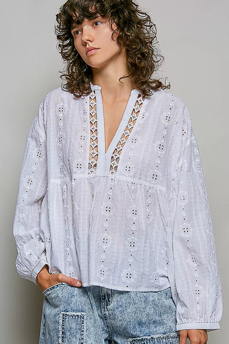Long sleeve volume on the eyelet cotton blouse, side angle