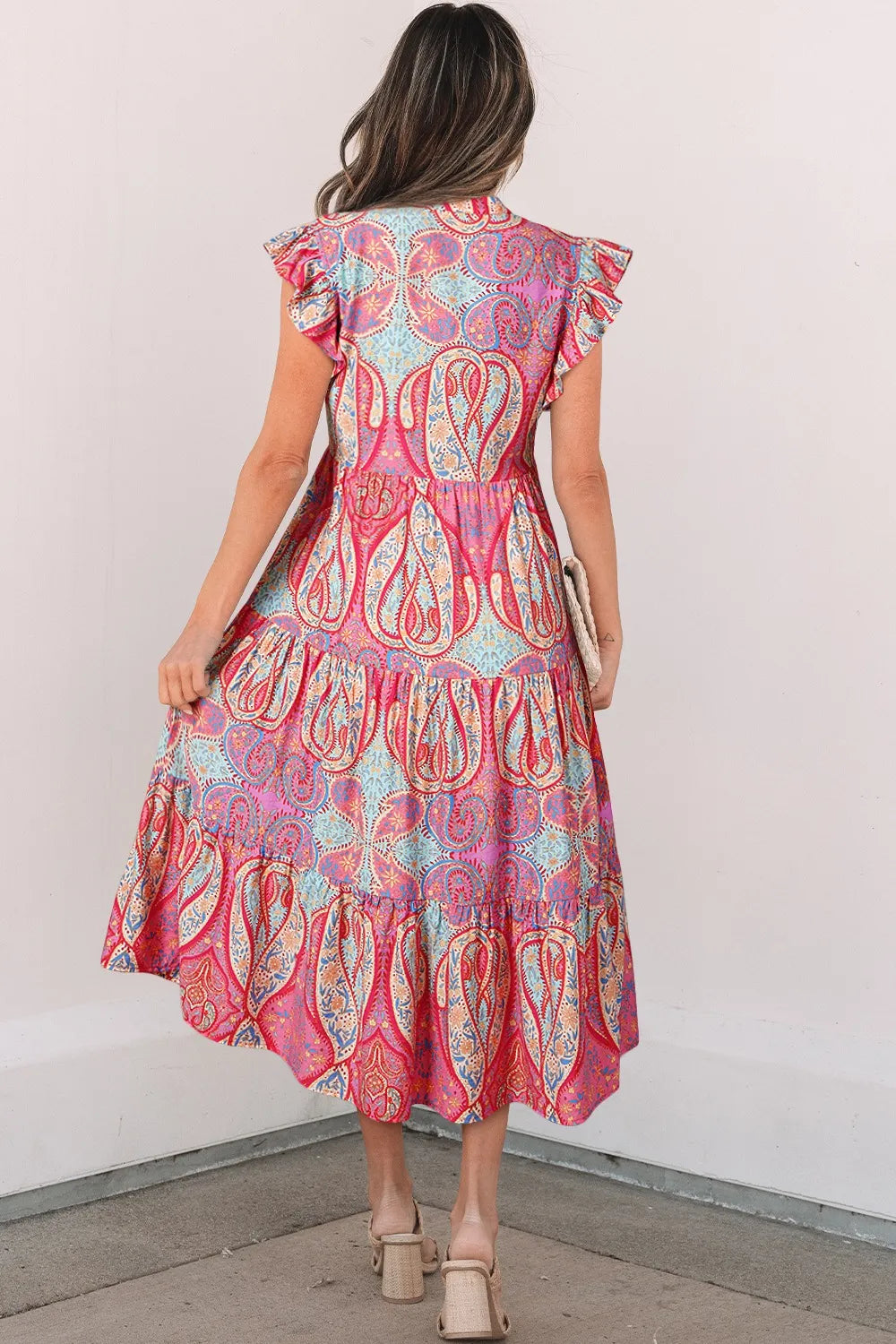 Notch neck paisley midi dress side view