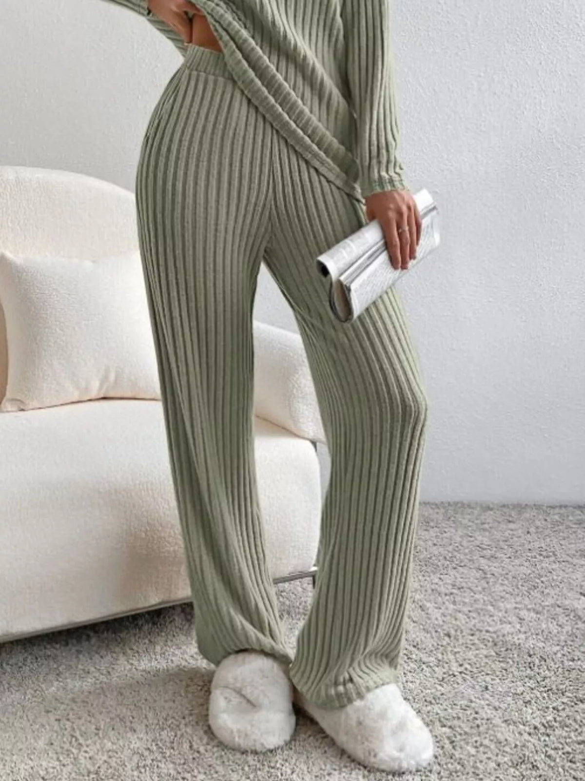 Ribbed Knit V Neck Top and Pants Set, view 17