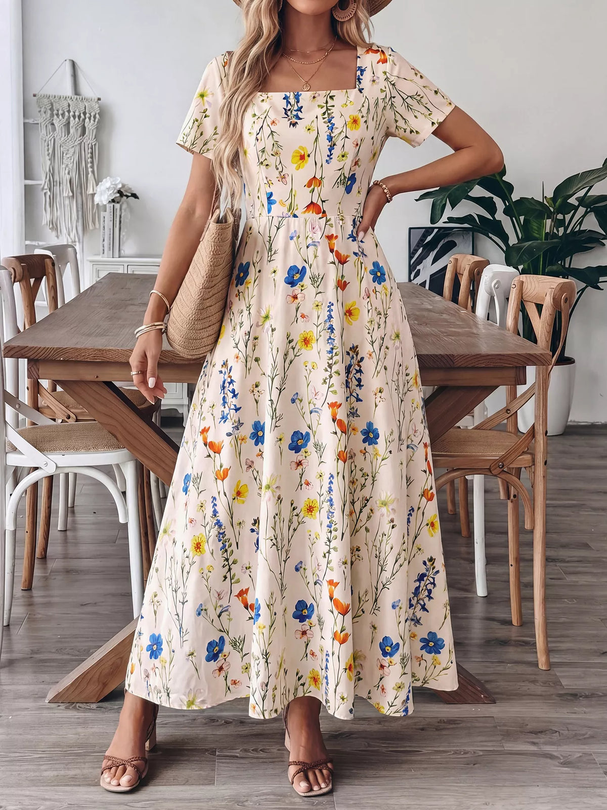 apricot floral square neck casual maxi dress front view