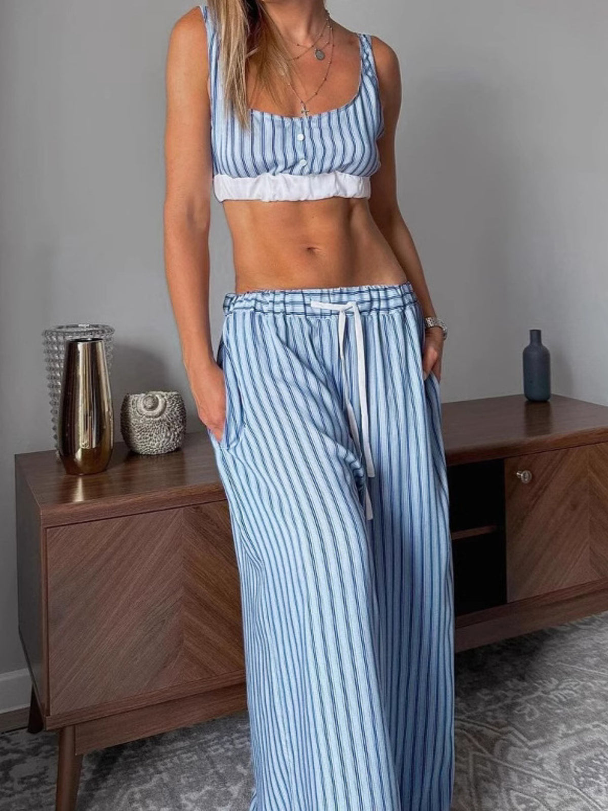 Striped lounge set matching shirt and pants back view
