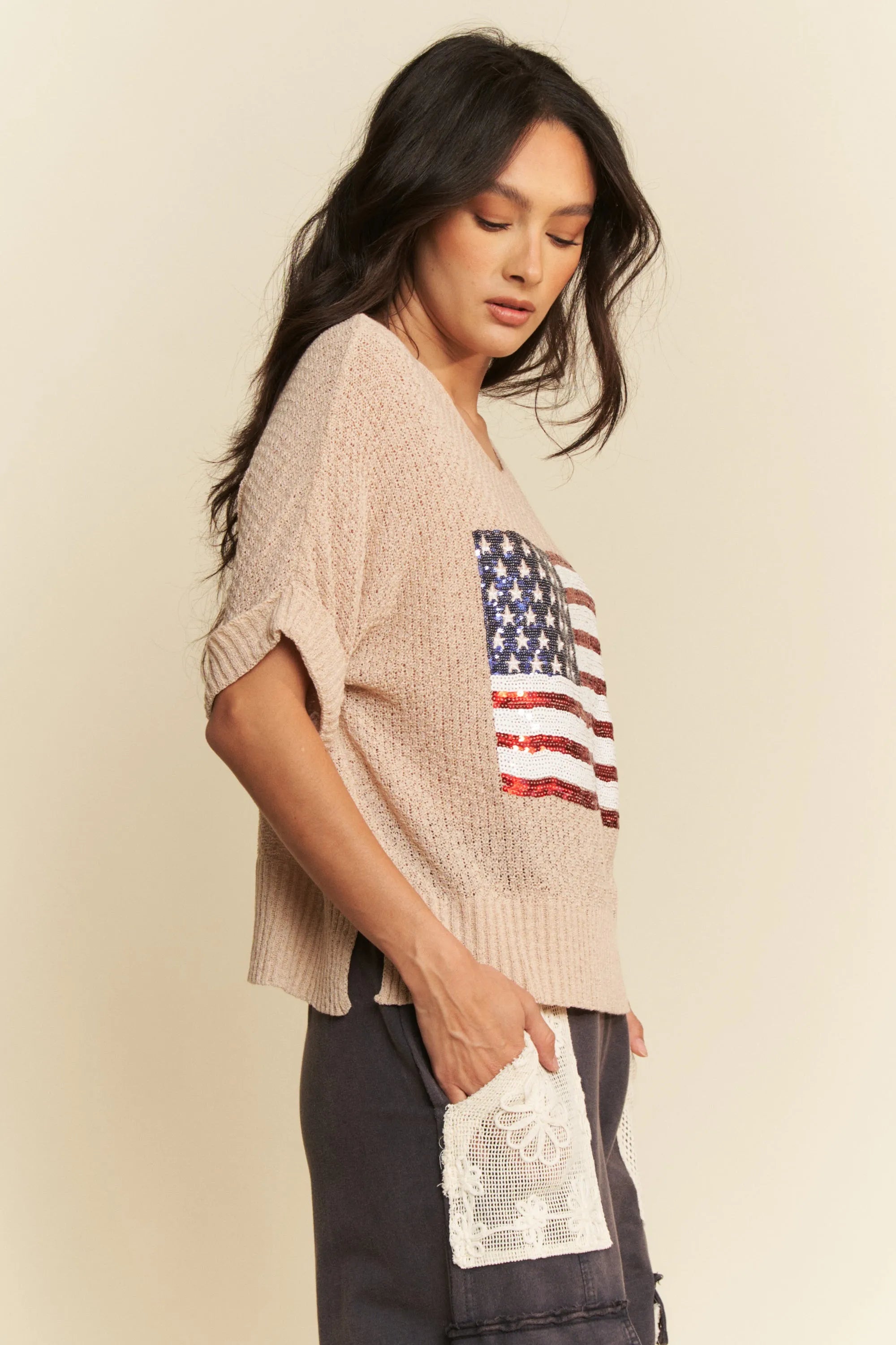 Davi & Dani Sequin American Flag Patch Short Sleeve Knit Top - Fashorio