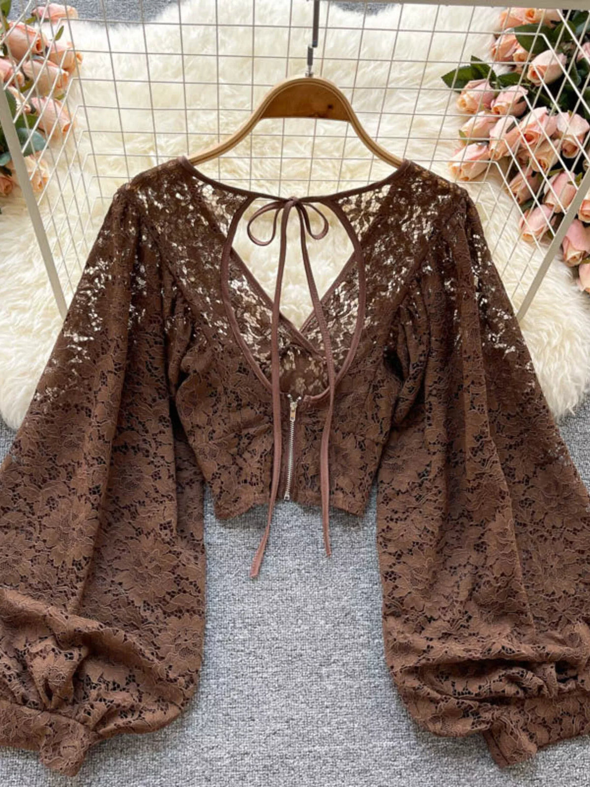 Lace tie back long sleeve top, styled look