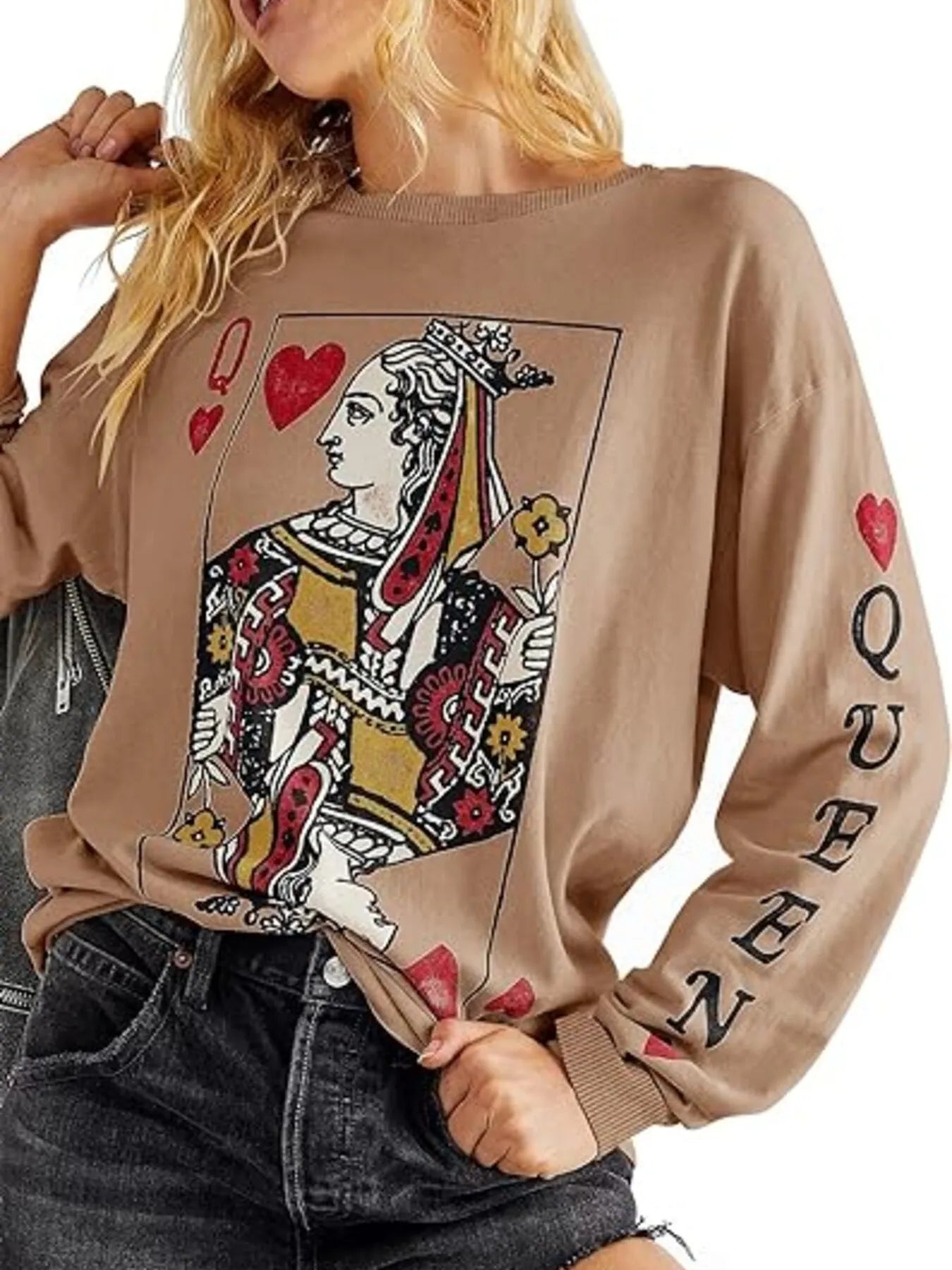 Queen of Hearts Playing Card Graphic Round Neck Sweatshirt Khaki - Fashorio