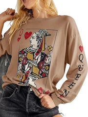 Queen of Hearts Playing Card Graphic Round Neck Sweatshirt Khaki - Fashorio