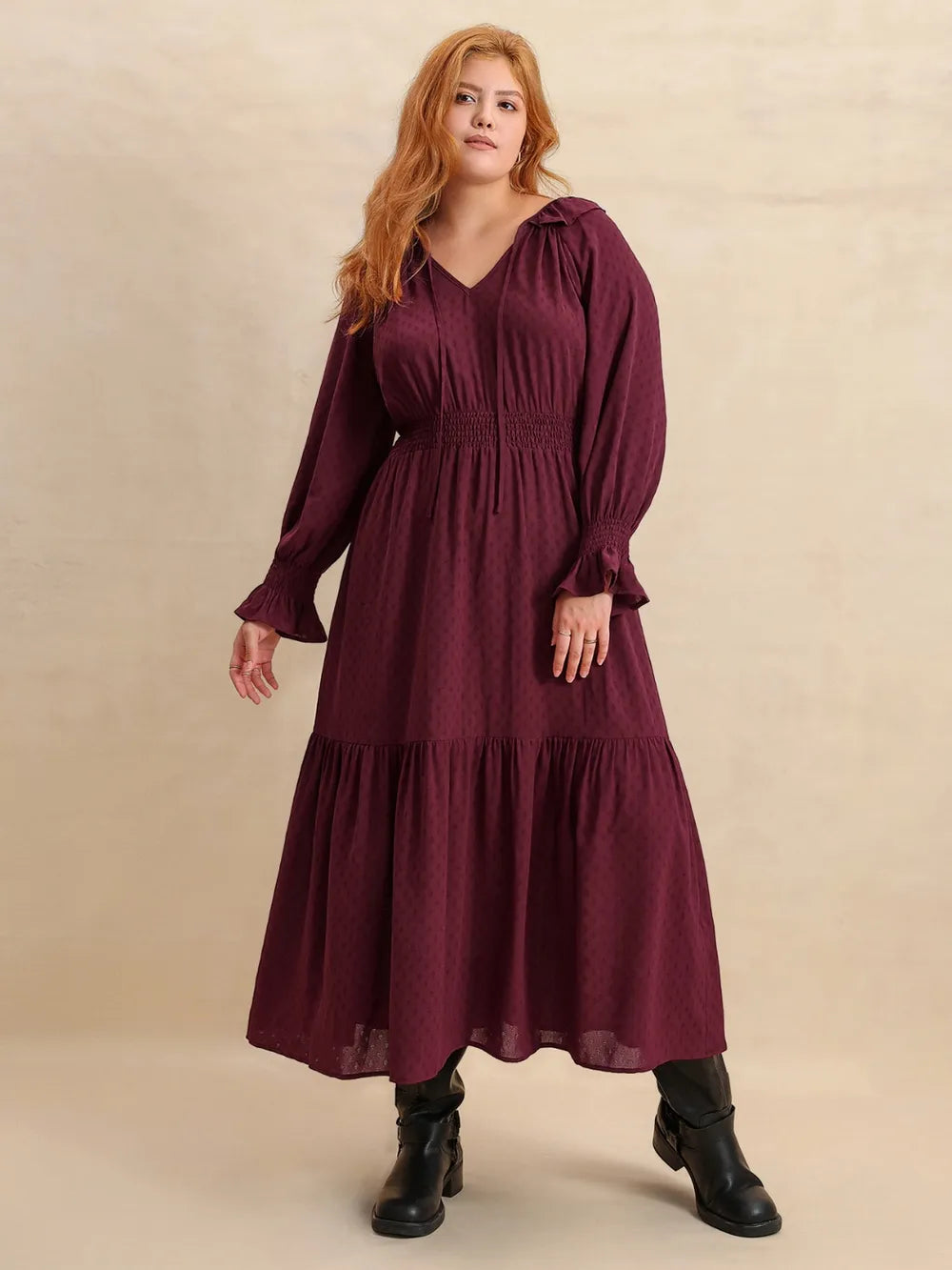 Swiss dot tie neck flounce maxi dress in burgundy fabric detail