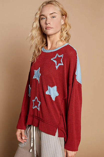 POL Exposed Seam Relaxed Fit Sweater with Star Denim Patch - Fashorio