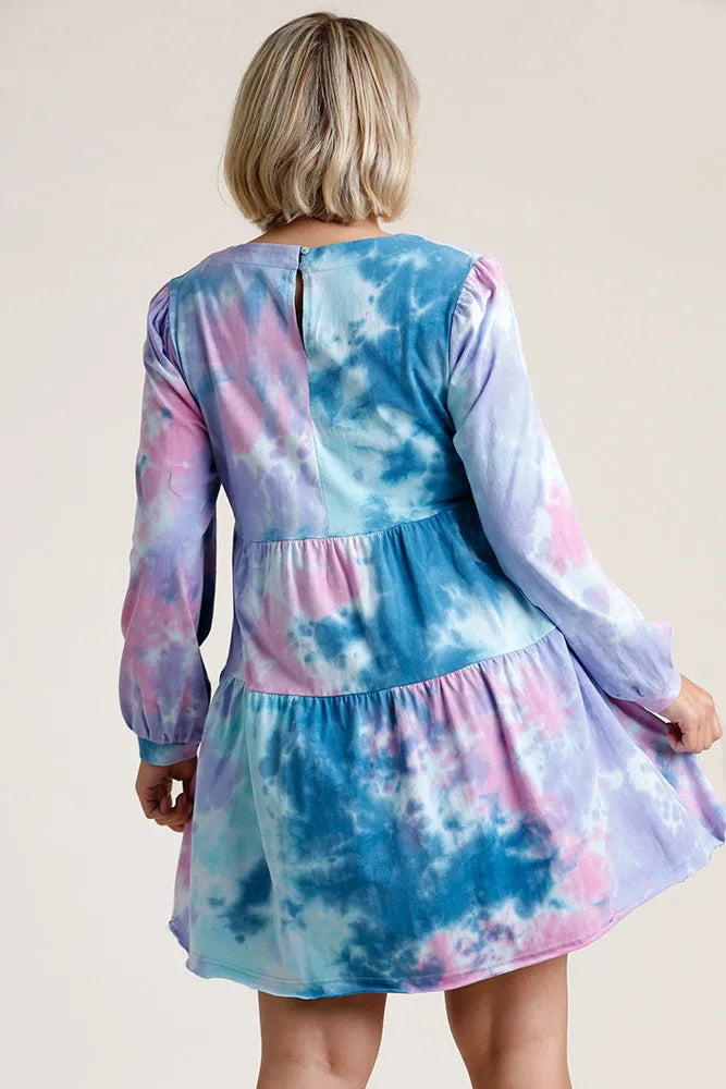 Tie Dye Long Sleeve Babydoll Tiered Dress Plus Size in Teal styled look