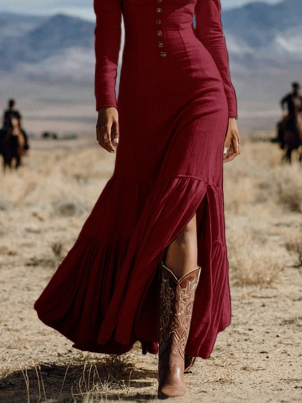 long sleeve slit tiered maxi dress full length view