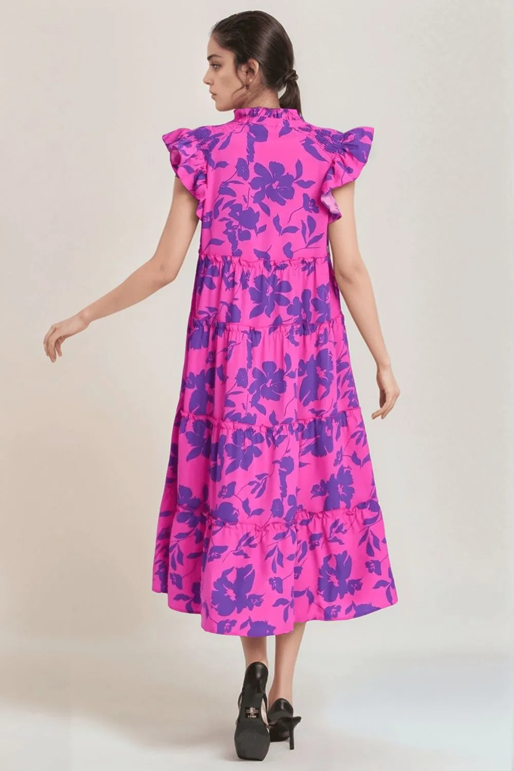Cap sleeve printed midi dress side view