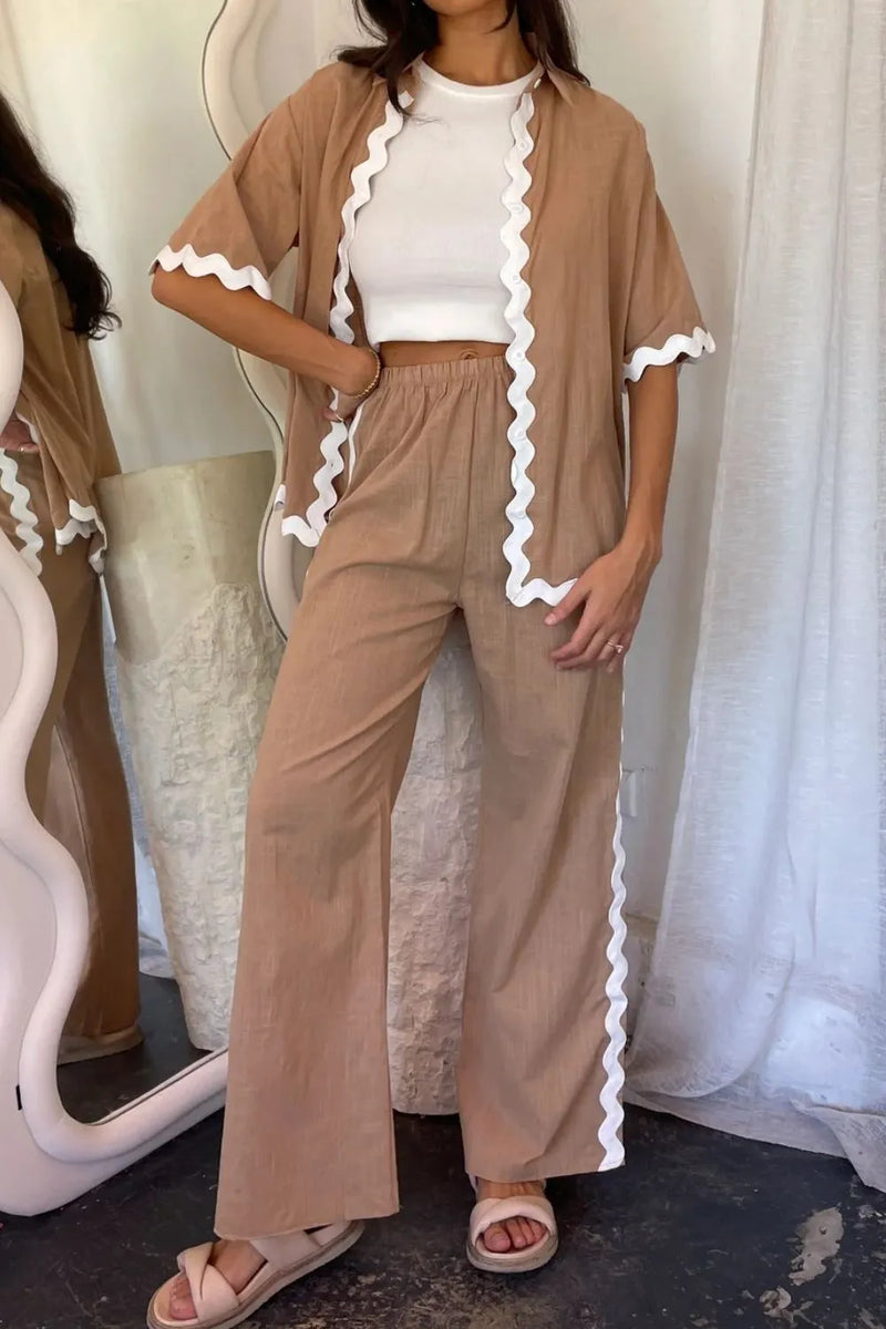 Contrast trim half sleeve top and pants set camel front view