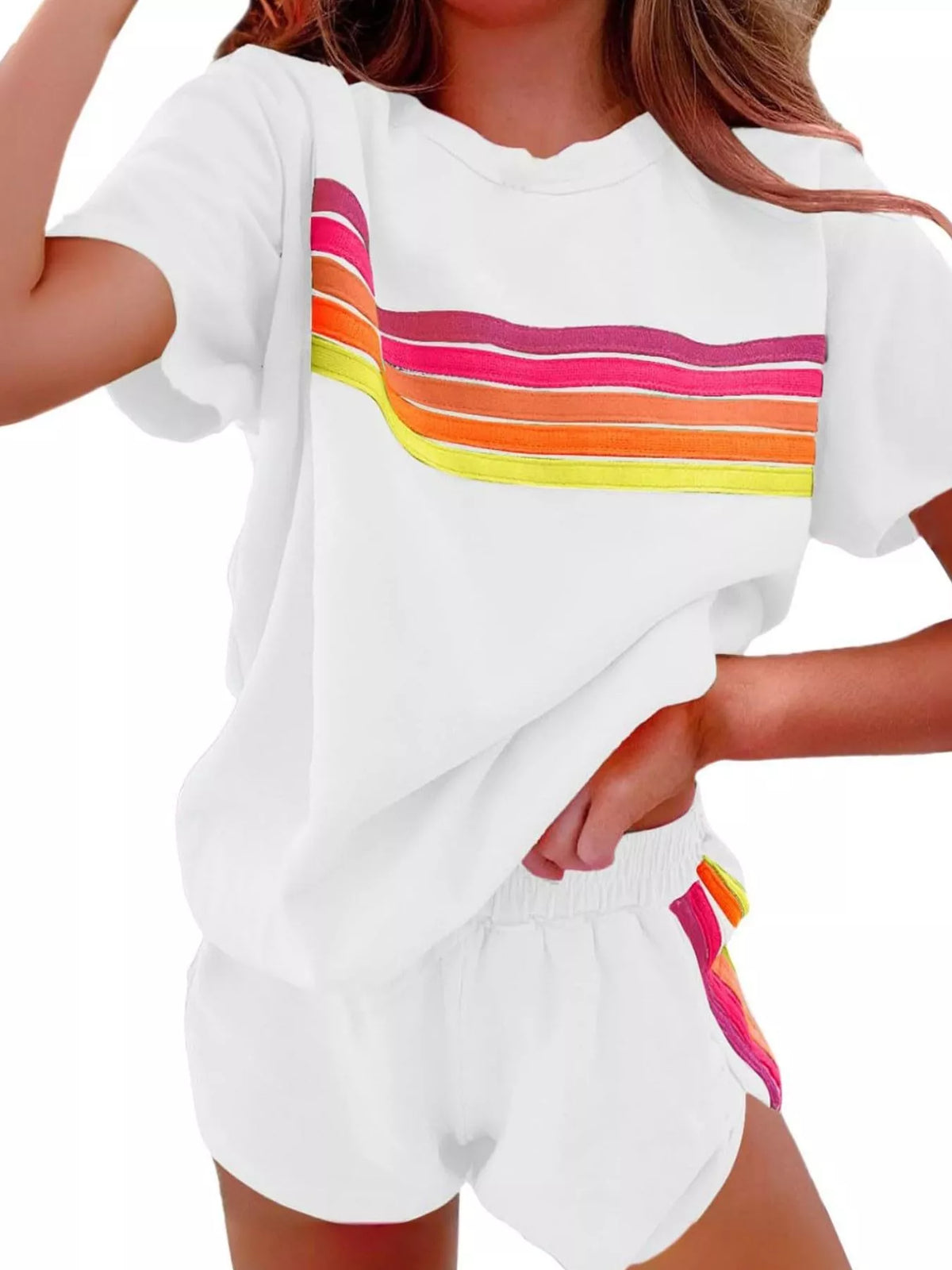 Rainbow Striped Round Neck Top and Shorts Set, view 19