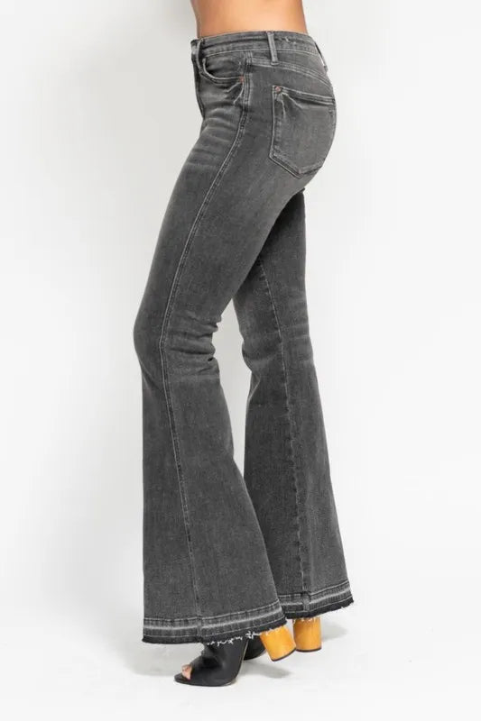 Judy Blue Mid Rise Release Hem Gray Flare Jeans, view 10