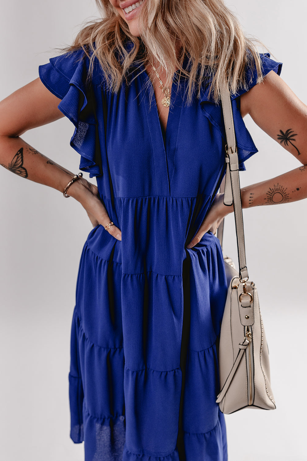 Blue V neck midi dress back view