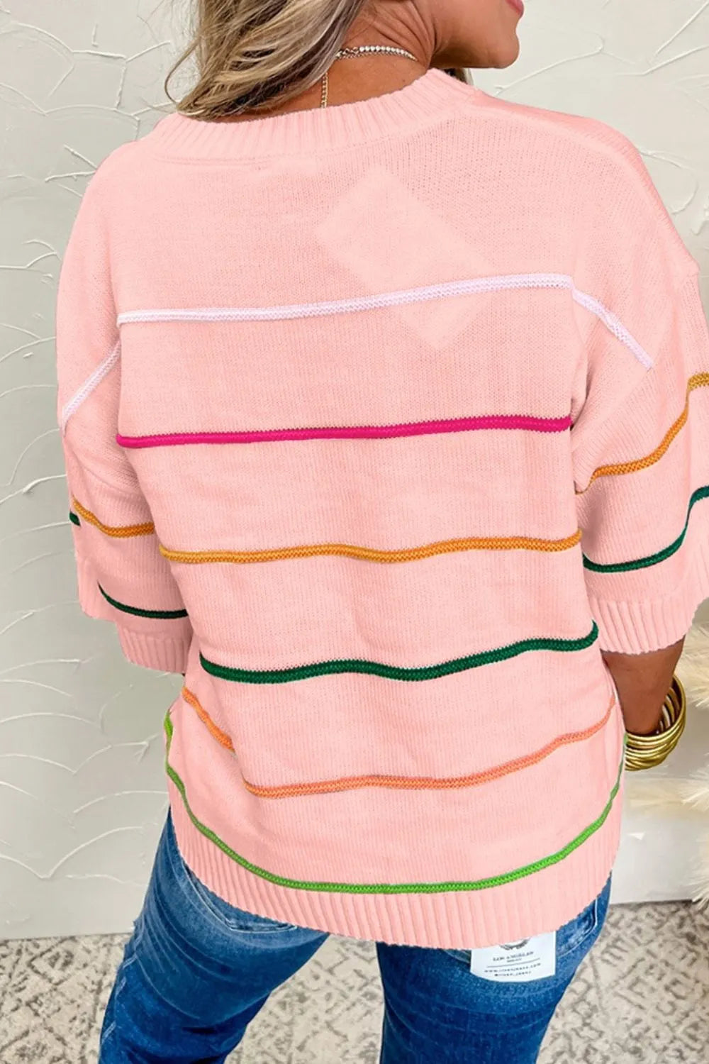 Striped Round Neck Half Sleeve Sweater - Fashorio