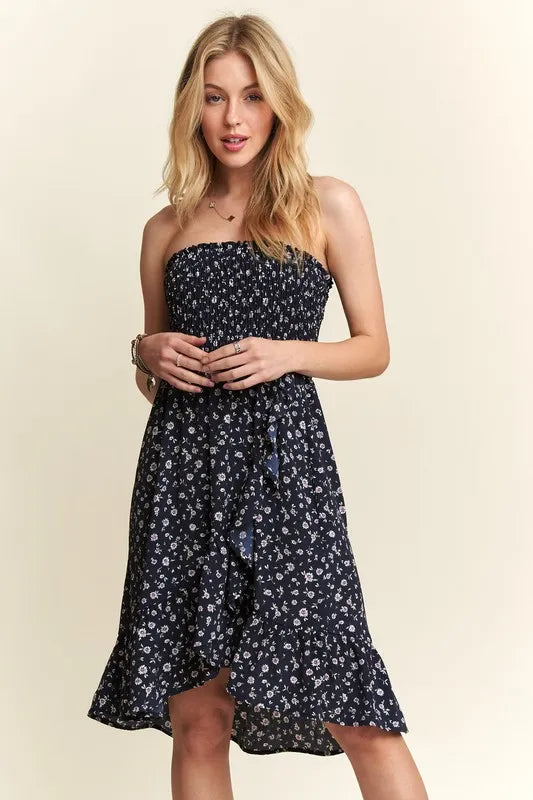 Smocked Floral Tube Dress with Pockets in Navy side view
