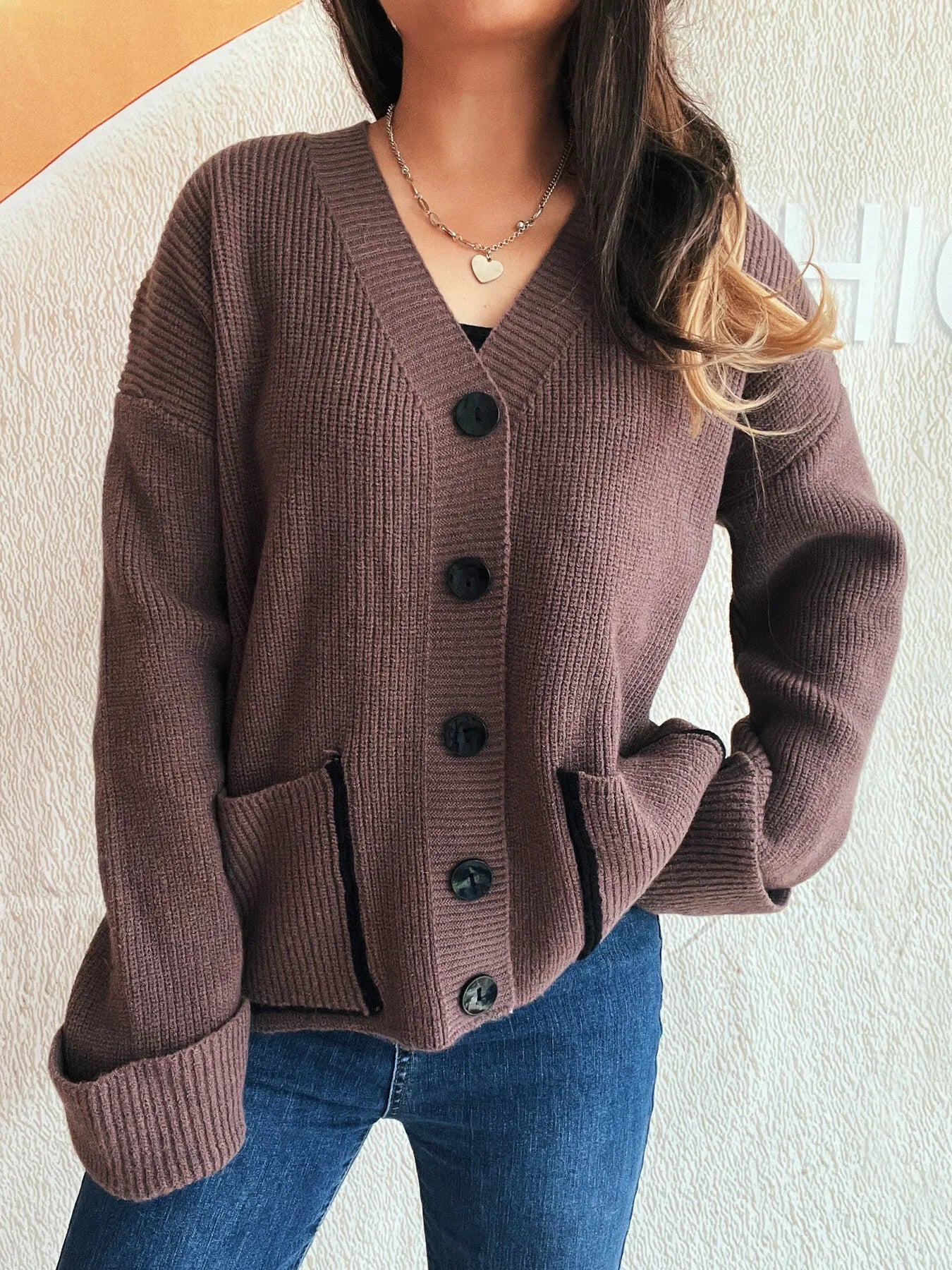 Button-Front Ribbed Cardigan with V-Neck Brown One Size - Fashorio