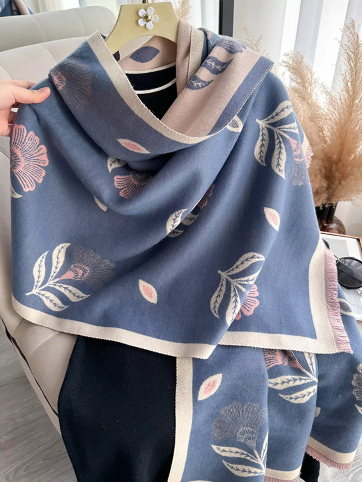 Printed raw hem shawl raw edge close up