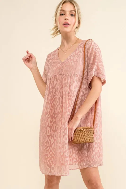 Woven Leopard Baby Doll Roll Sleeve Casual Dress on model