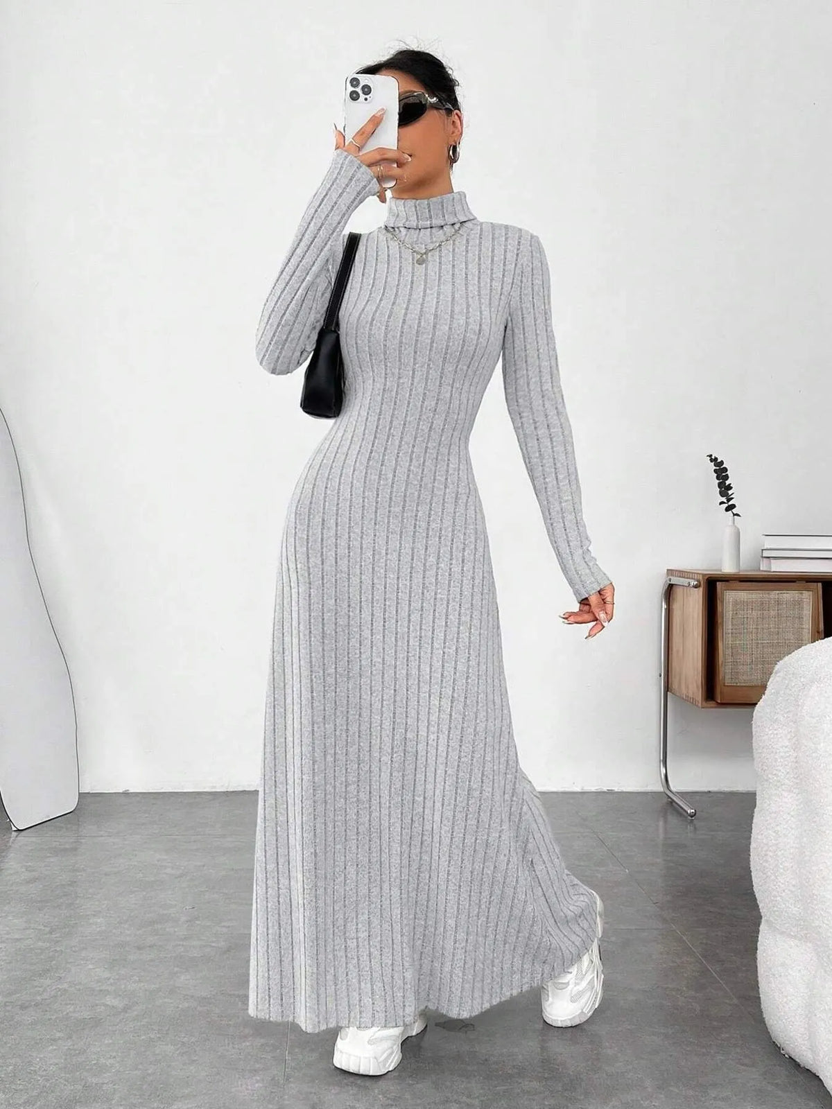 Gray Ribbed turtleneck maxi sweater dress, hem detail