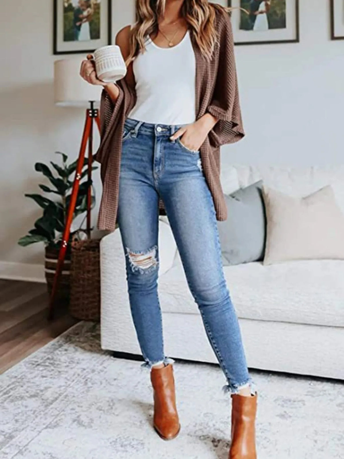 waffle knit open front plus size cardigan side view