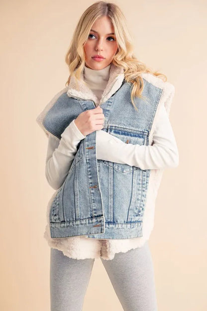 Aemi + Co Fake Two Pieces Denim Patch Sherpa Vest Coat - Fashorio