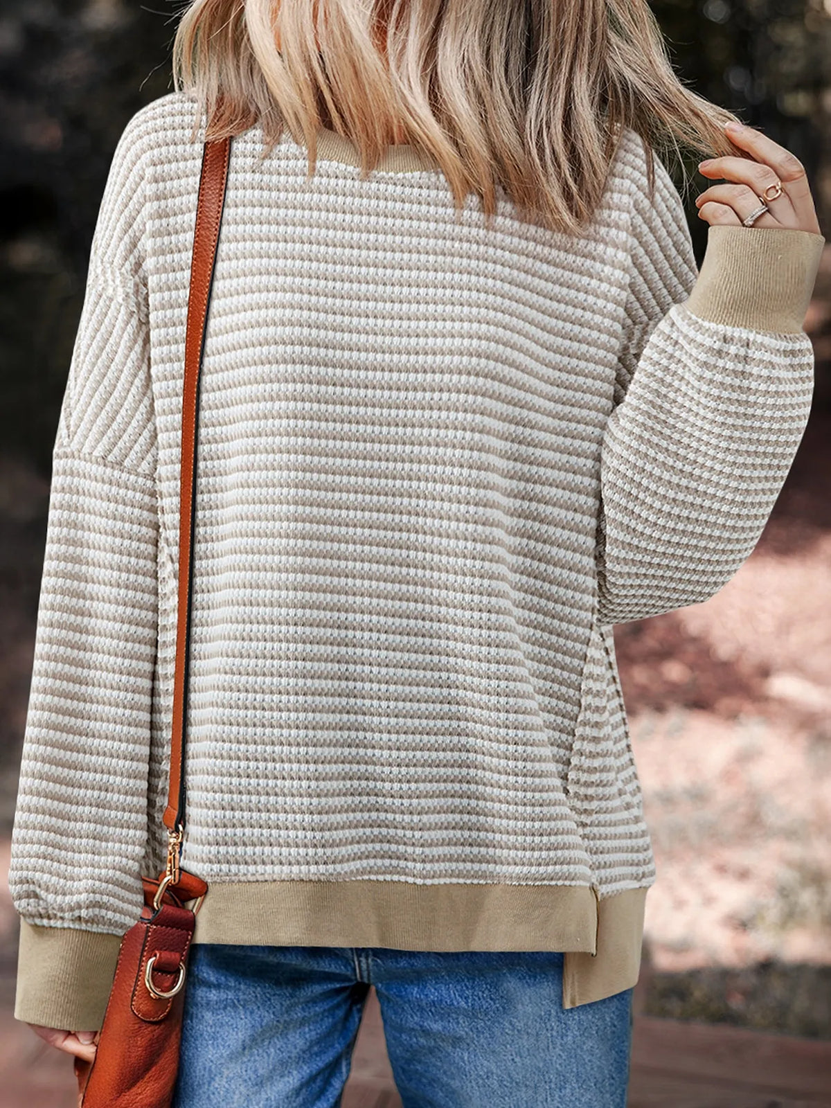 striped ribbed waffle knit oversized top back view