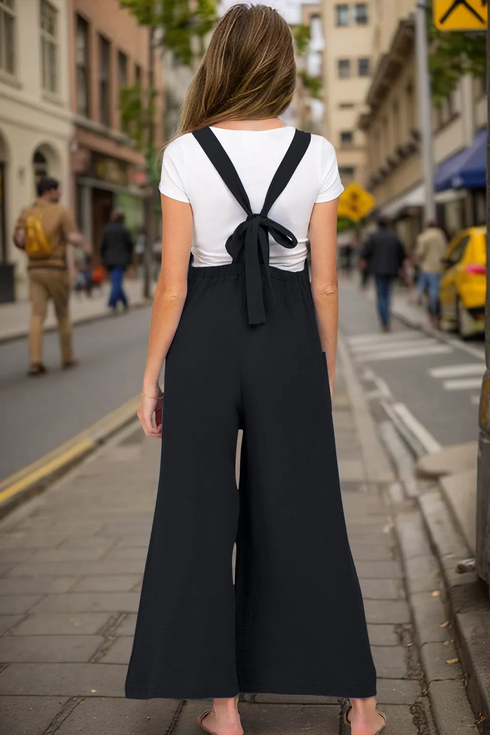 Wide leg cotton overalls back view