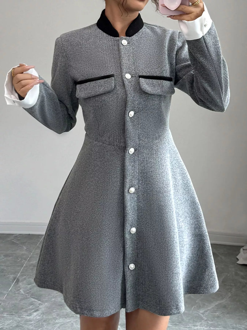 a line long sleeve button down dress in gray front view