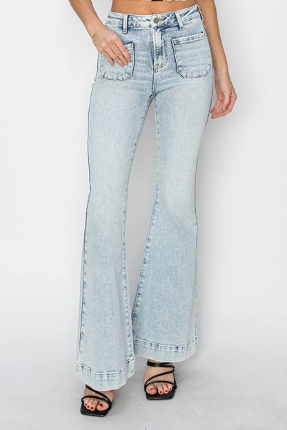 Risen Full Size High Rise Front Patch Pocket Flare Jeans Acid Light - Fashorio